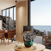 scandinavian log cabin interior with open space and sea view - home decoration stock pictures, royalty-free photos & images