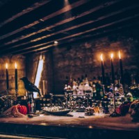 scary decoration on table for halloween banquet - home decoration stock pictures, royalty-free photos & images