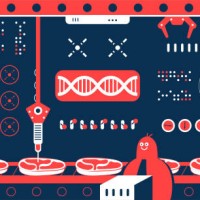 scientist (engineer, biochemist) team making cultured meat (artificial meat, in vitro meat, lab-grown burger) in a factory with production line. genetic engineering, genetic modification, gmo and gene manipulation concept - 
