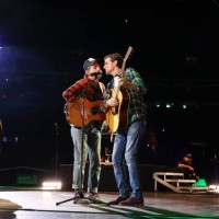 Scott Avett and Seth Avett of The Avett Brothers perform onstage at the Concert For Carolina Benefit Concert at Bank of America Stadium on October...