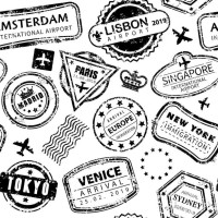 seamless background with international travel grunged stamps - travel stock illustrations