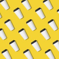 seamless repeated pattern of a disposable coffee cup on a yellow background - junk food stock pictures, royalty-free photos & images