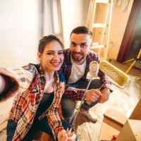 selfie break while painting house - home decoration stock pictures, royalty-free photos & images