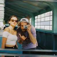 selfie of young couple in the mirror shot on point and shoot film camera - travel stock pictures, royalty-free photos & images