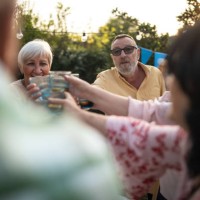 senior friends toasting for their long friendship during party at backyard - garden decoration stock pictures, royalty-free photos & images