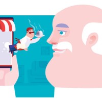 senior man meeting waiter with domed tray on smartphone - junk food stock illustrations