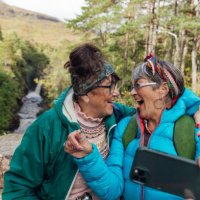 senior women laughing in hiking selfie - travel stock pictures, royalty-free photos & images