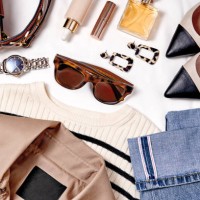 set of fashion collection with trendy fashion clothes and make-up cosmetic products for women in beige, brown, blue, black and white colours. - fashion stock pictures, royalty-free photos & images