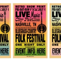 set of folk festival hatch style retro poster typography design template with gradient background and banjo - concert stock illustrations
