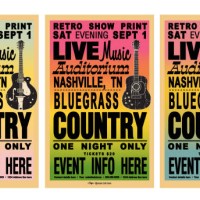 set of nashville country bluegrass style retro poster typography design template with gradient background and instruments guitar, acoustic guitar, banjo - concert stock illustrations