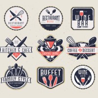set of restaurant menu and bar labels with unique shapes and text designs as well as utensils and drinkware - food stock illustrations