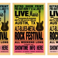 set of rock festival hatch style retro poster typography design template with gradient background and electric guitar - concert stock illustrations