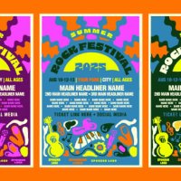 set of summer rock festival with sun and retro poster typography design template with bright colors and abstract shapes - concert stock illustrations