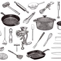 set of vector drawings of kitchen tools - food stock illustrations