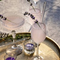 several cocktail glasses with lavender cocktail - garden decoration photos et images de collection