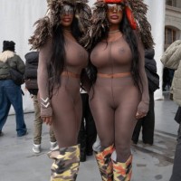Shannon Clermont and Shannade Clermont, the Clermont Twins are seen wearing a transparent brown outfit and multi-colored boots outside Bluemarble...