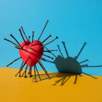 shiny red heart shape with rusty nails inserted on the blue background - nails art stock pictures, royalty-free photos & images