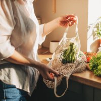 shopping bag with raw vegetables and fruits held by young woman in casualwear - food stock pictures, royalty-free photos & images