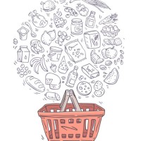 shopping basket and groceries set sketch - food stock illustrations
