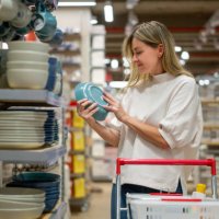shopping woman buying plates at a department store - home decoration stock pictures, royalty-free photos & images