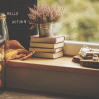 side view of autumn corner against the window with hello autumn sign - home decoration stock pictures, royalty-free photos & images