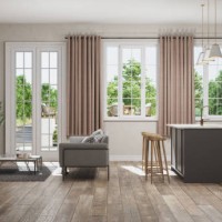 side view of open plan kitchen with living room and garden view from the window - home decoration stock pictures, royalty-free photos & images