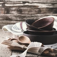 simple crockery and wooden cooking utensils set on rustic table - home decoration stock pictures, royalty-free photos & images