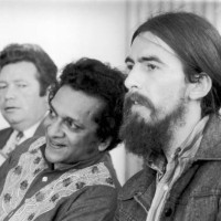 Singer-songwriter George Harrison , former member of The Beatles, at the Royal Festival Hall with Indian sitar maestro Ravi Shankar, during the time...