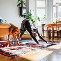 single mom doing yoga in living room at home - home decoration stock pictures, royalty-free photos & images