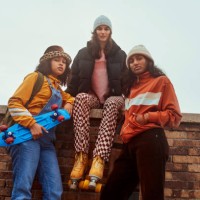 skateboard, fashion and diversity with girl friends outdoor for skating or leisure together. skater, winter and urban with a street style female friend group by a brick wall in contemporary clothes - fashion stock pictures, r