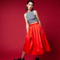 skinny young woman in red skirt posing in studio - fashion stock pictures, royalty-free photos & images