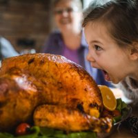 small girl having fun while about to bite a roasted turkey on thanksgiving. - food stock pictures, royalty-free photos & images