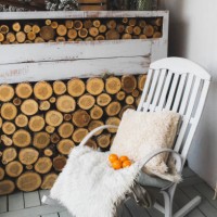 small wooden veranda with garden furnished with outdoor furniture at winter day. - garden decoration stock pictures, royalty-free photos & images