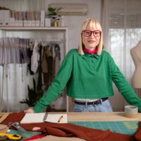 smiling female designer in a clothing studio. - fashion stock pictures, royalty-free photos & images