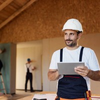 smiling manual worker using touchpad at construction site. - home decoration stock pictures, royalty-free photos & images