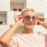 smiling senior woman trying on sunglasses in a boutique - fashion stock pictures, royalty-free photos & images