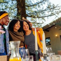 smiling three women at outdoors gathering - garden decoration stock pictures, royalty-free photos & images