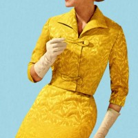 smiling woman wearing vintage yellow suit - fashion stock illustrations