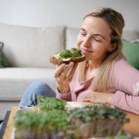 smiling woman with eyes closed enjoying sprouts on bread at home - food stock pictures, royalty-free photos & images