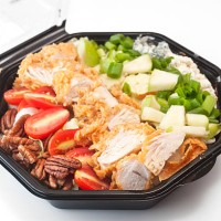 southern cobb salad in black plastic bowl - junk food stock pictures, royalty-free photos & images