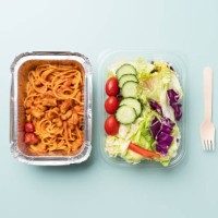 spaghetti bolognese with vegetable salad takeout food - junk food stock pictures, royalty-free photos & images