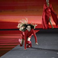 Spanish-Mexican singer and actress Belinda falls down during the presentation of a creation for L'Oreal Paris show 