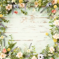 spring flower wreath garland frame on an old rustic blue wood background - home decoration stock pictures, royalty-free photos & images