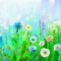 spring meadow, oil painting - garden decoration stock illustrations