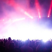 stage lights and crowd of people in rock concert - concert stock pictures, royalty-free photos & images