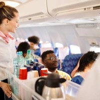stewardesses serving food and drinks to customer on the airplane during flight - food stock pictures, royalty-free photos & images