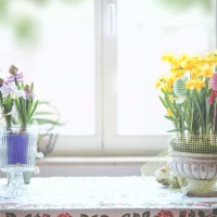still life background with springtime flowers and easter eggs on kitchen table at window background - home decoration stock pictures, royalty-free photos & images