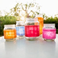 still life of handmade lanterns on table in garden at sunset - garden decoration stockfoto's en -beelden