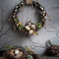 still life with easter wreath in modern scandinavian eco style on a gray concrete texture wall and natural elements on a table from old wooden boards - home decoration stock pictures, royalty-free photos & images