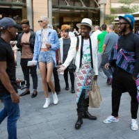 Street fashion at Mercedes Benz Joburg Fashion Week on March 12 at Nelson Mandela Square Johannesburg, South Africa.